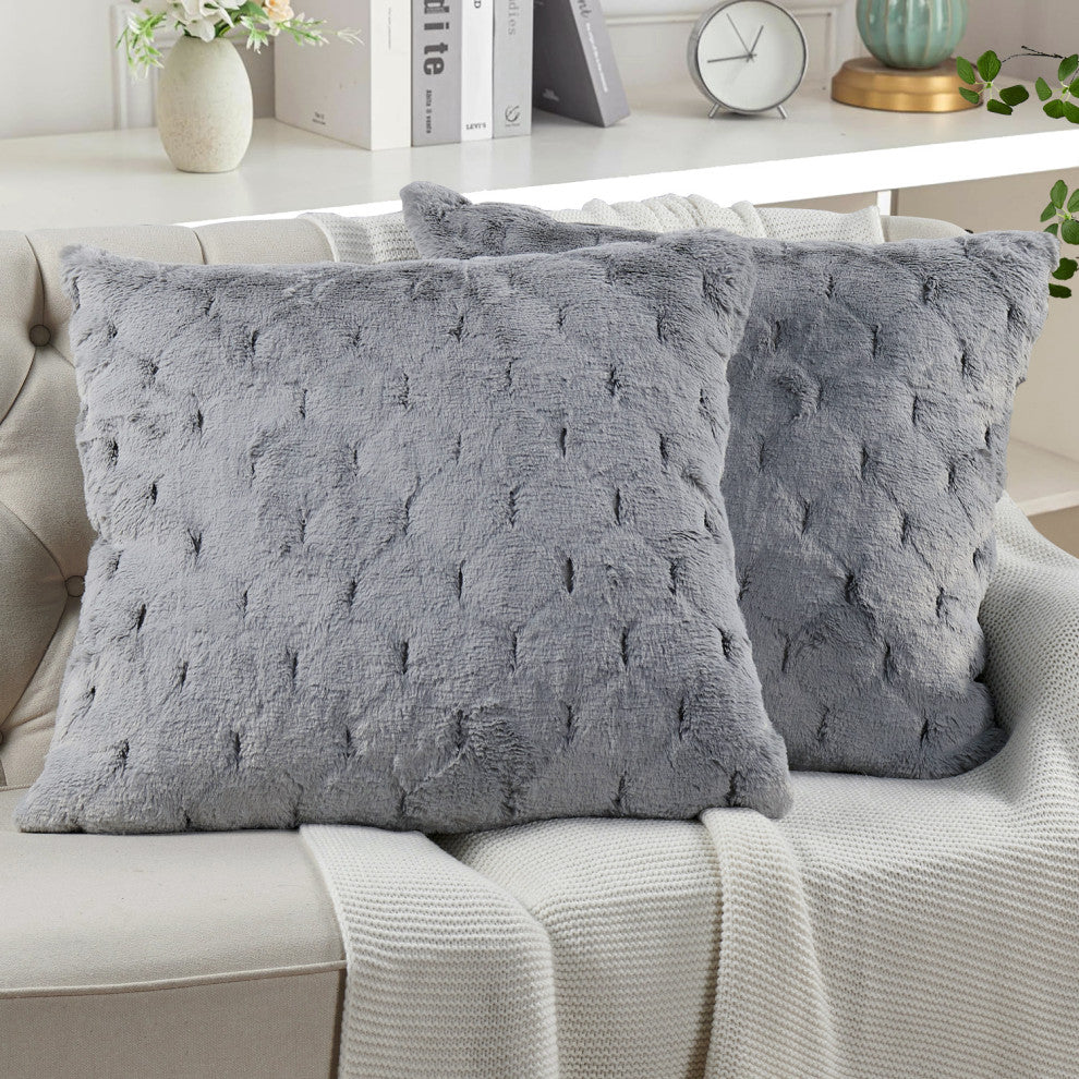 Jacquard Rabbit Faux Fur Pillow Cover 2 Piece Set, Silver Grey, 26" X 26"