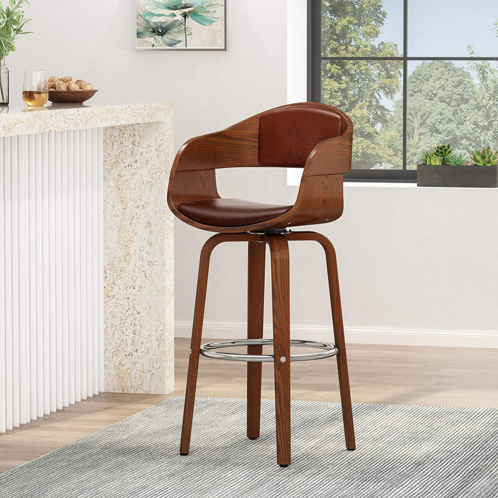 Midcentury Bar Stool, Curved Bentwood Frame and Faux Leather Seat, Cognac Brown