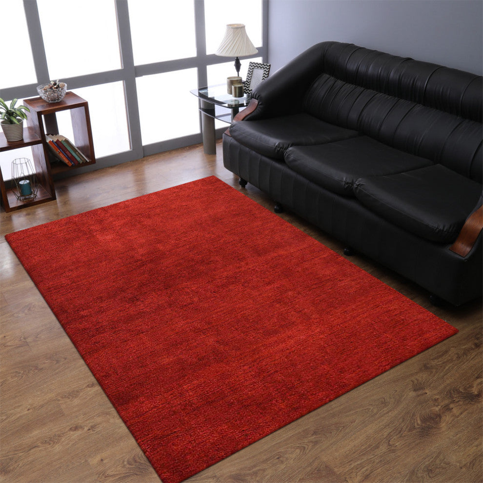Hand Knotted Loom Silk Area Rug Solid Light red