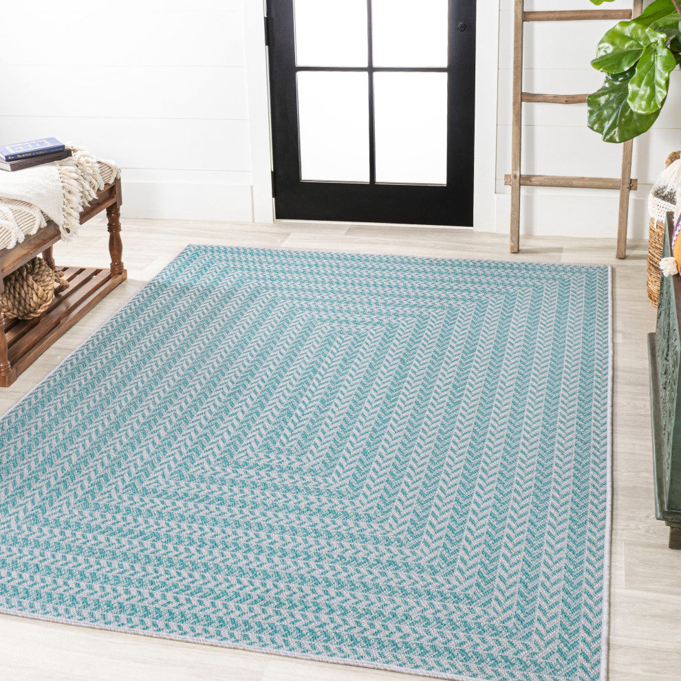 Chevron Modern Concentric Squares Indoor/Outdoor Area Rug, Aqua/Light Gray, 8x10