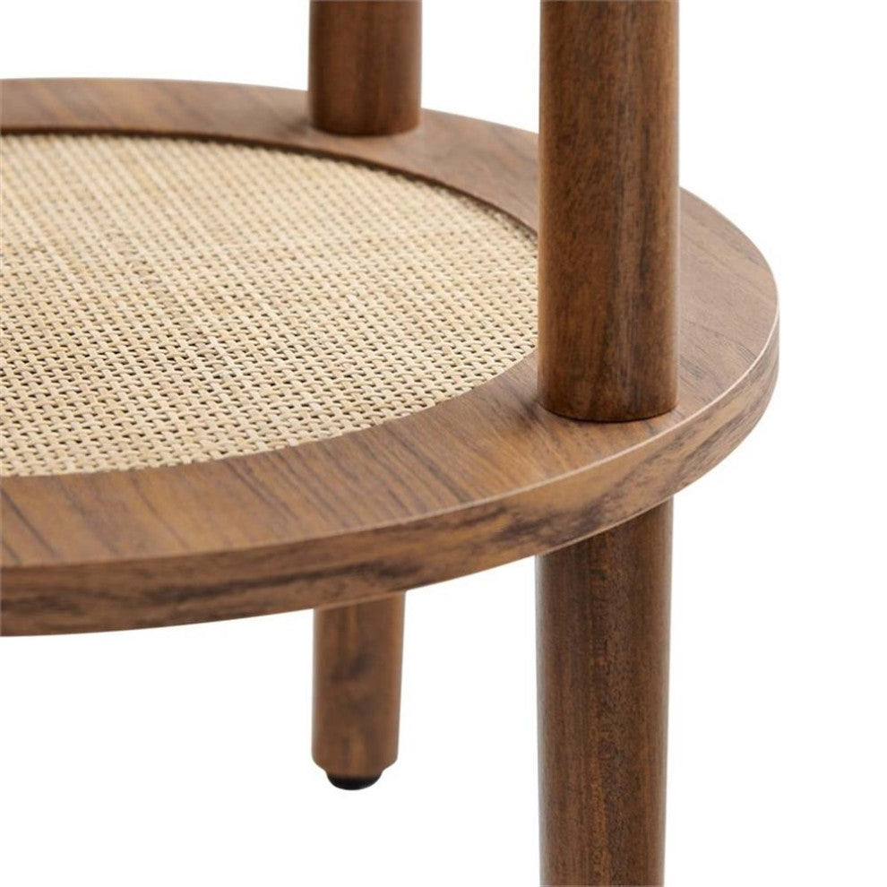 Modway Torus Round Wood Side Table with Lower Rattan Shelf in Walnut