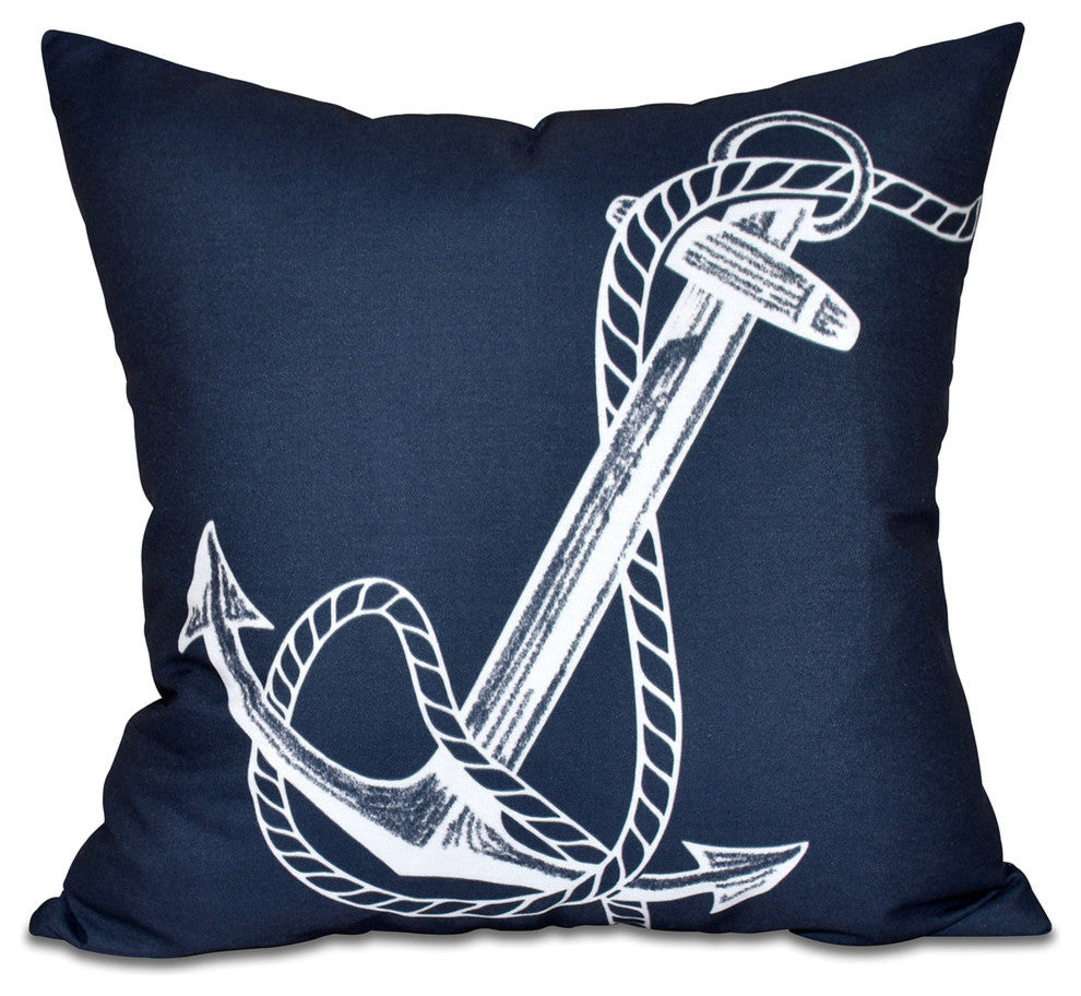 Anchored, Geometric Print Outdoor Pillow, Navy Blue, 20"x20"