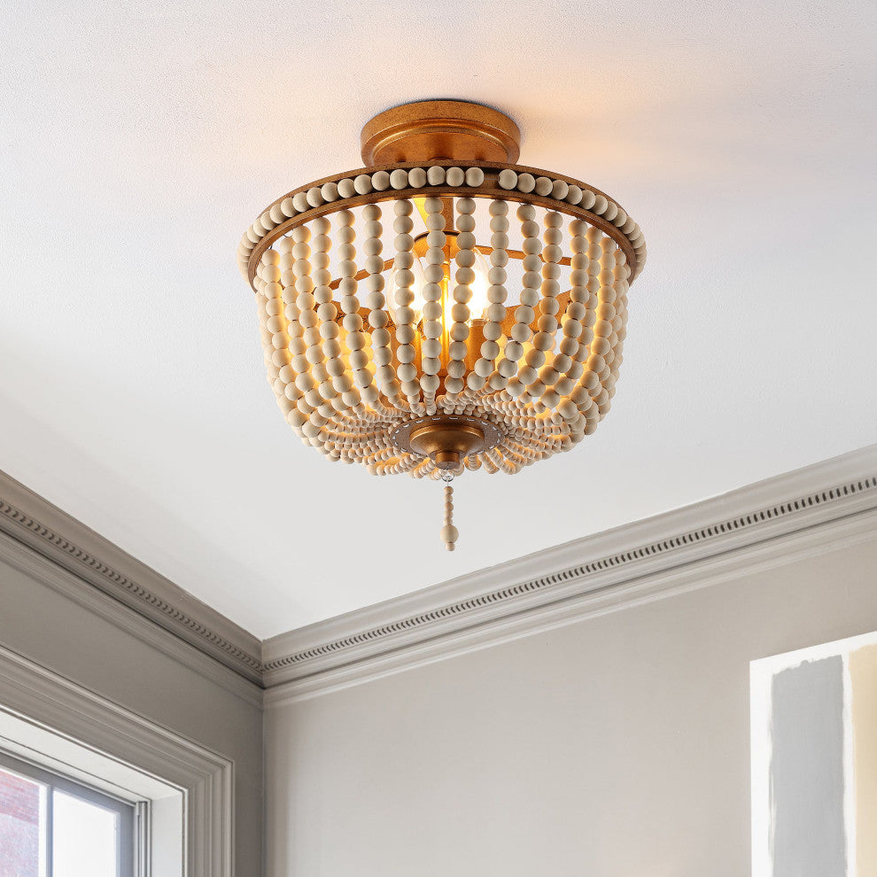 Allie 14" 3-Light Farmhouse Wood Bead/Iron LED Semi Flush Mount, Gold/Taupe