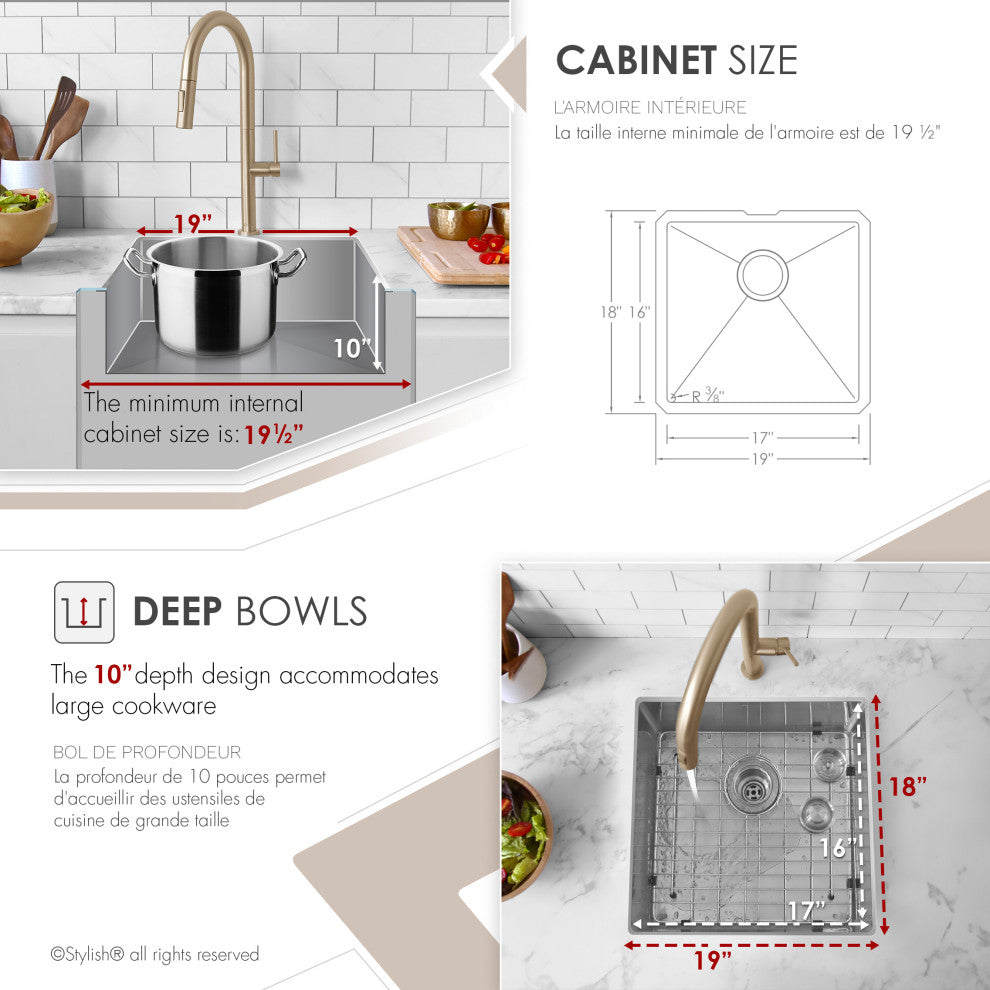 STYLISH 19"L x 18"W Undermount Kitchen Sink Single Bowl with Grid and Strainer