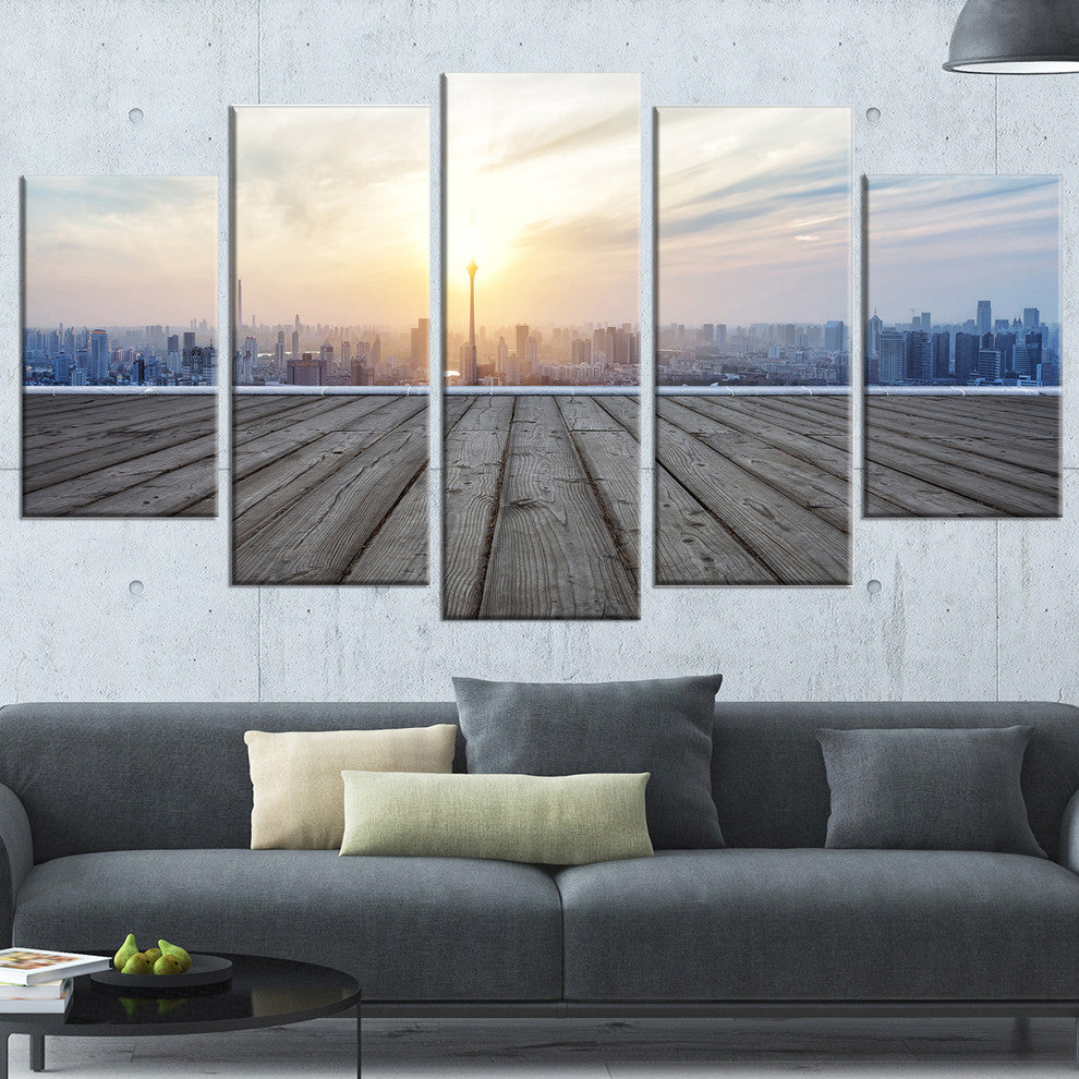 "Buildings With Empty Wooden Board" Landscape Wall Wall Art, 5 Panels, 60"x32"