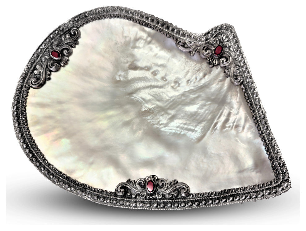 South Sea Shell Plate with Repose Silver set with Amethyst or Red Garnets, Purpl