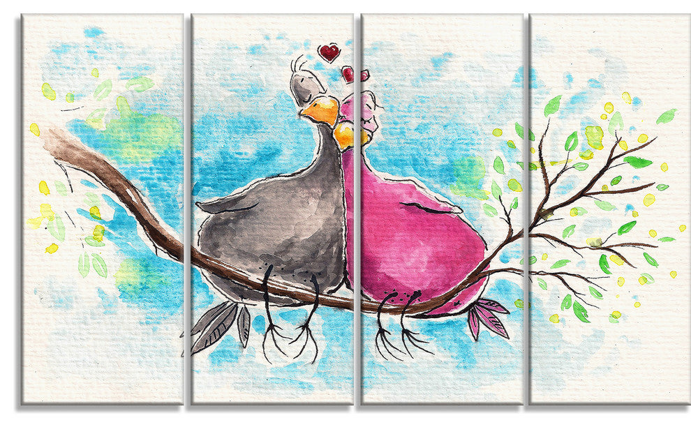 Two Birds in Love on Branch, Abstract Canvas Art Print, 48"x28", 4 Panels