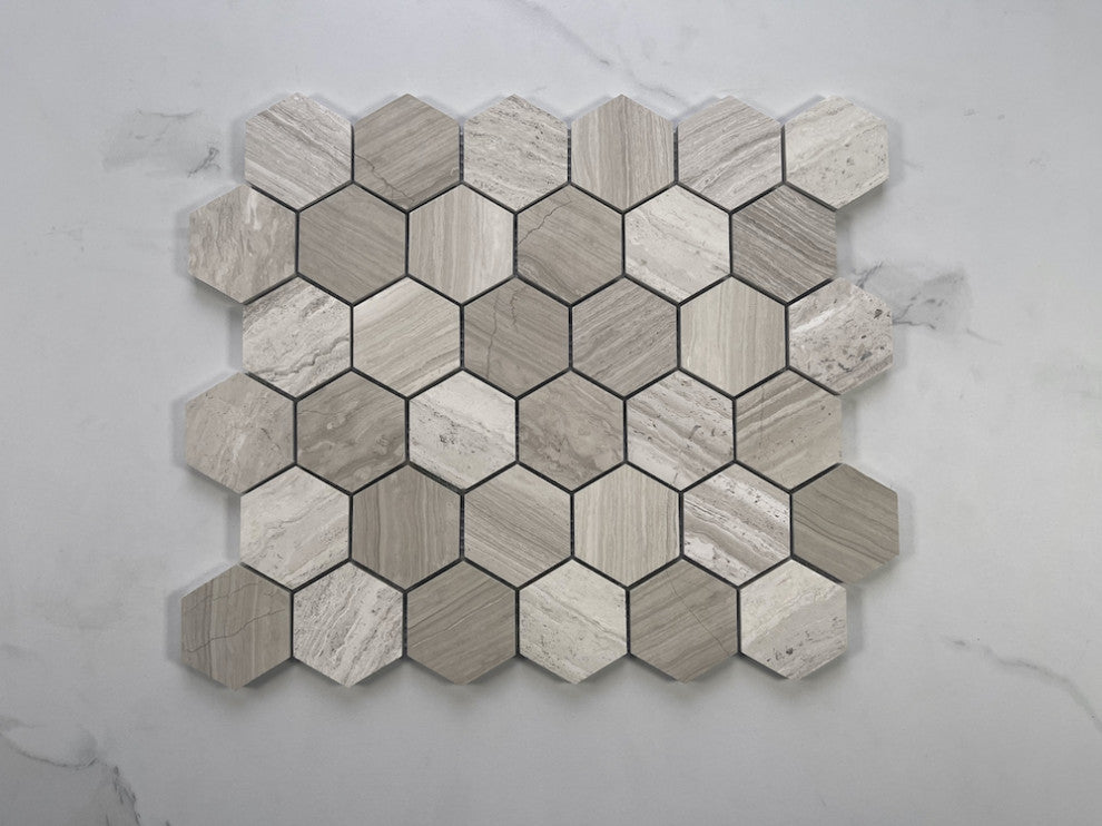 2" Hexagon Athens Silver Cream Haisa Marble Wooden Beige Tile Polished, 1 sheet