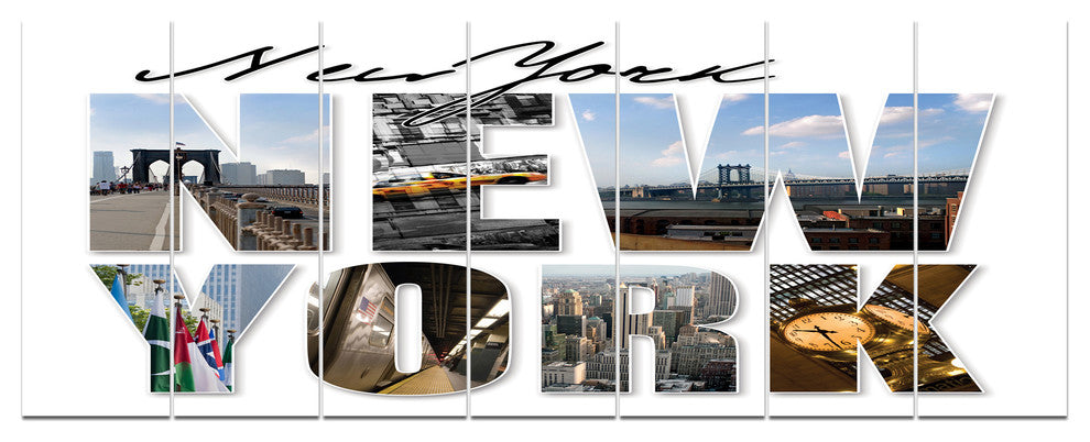New York City Graphic Montage, Cityscape Canvas Art Print, 83"x32", 7 Panels