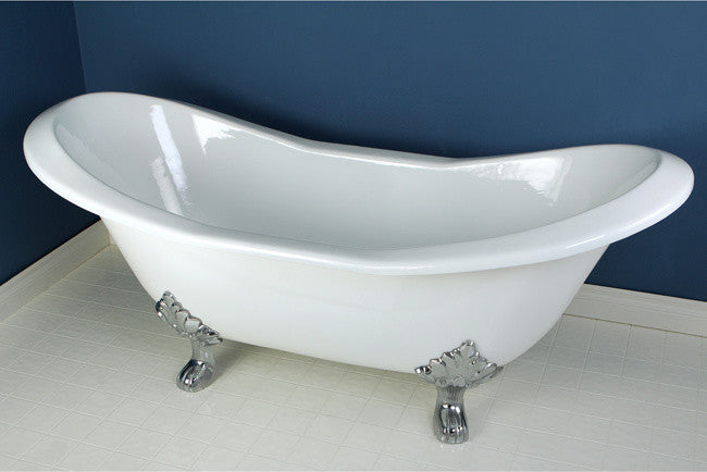 72" Cast Iron Double Slipper Clawfoot Tub w/7" Faucet Drillings, White/Chrome