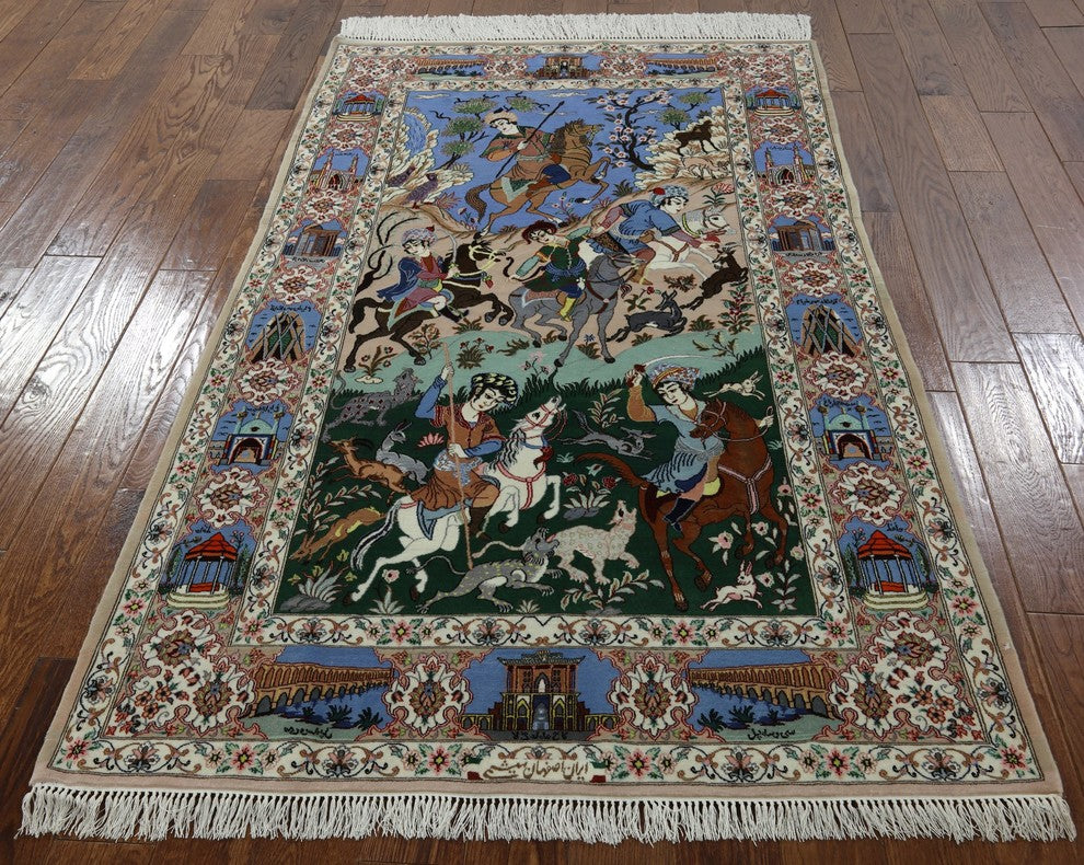 Signed Hand Knotted Authentic Persian Isfahan Hunting Scene Wool/Silk Rug, 4x7