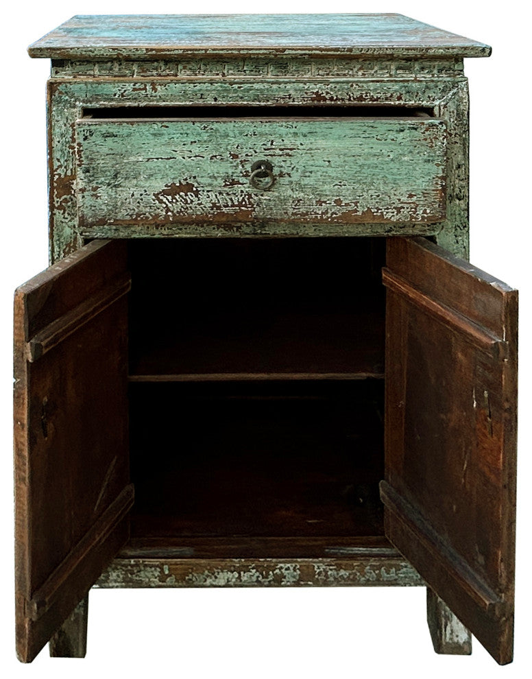 Distressed Pastel Light Green 2 Doors End Table Nightstand