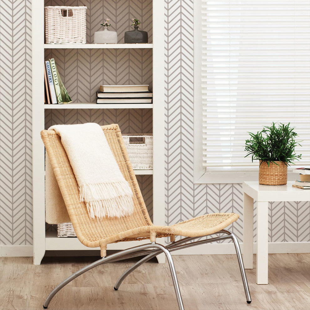 Herringbone Line Peel and Stick Vinyl Wallpaper , Warm Gray, 24"w X 60"h