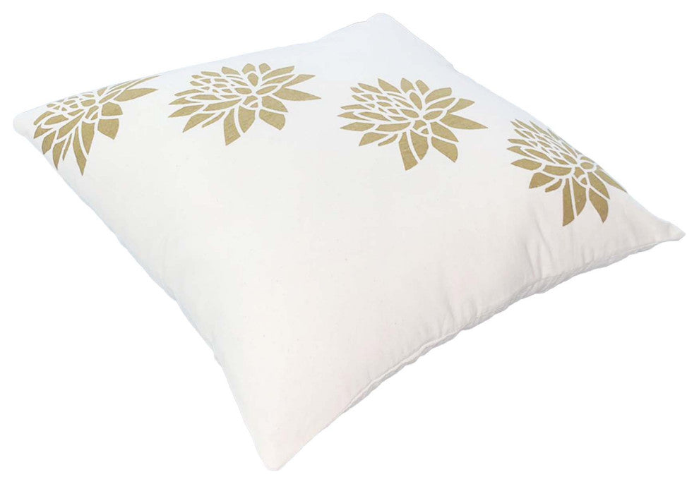 Benzara UPT-268971 Accent Pillow, Soft Cover, Printed Lotus Flower, Gold, White