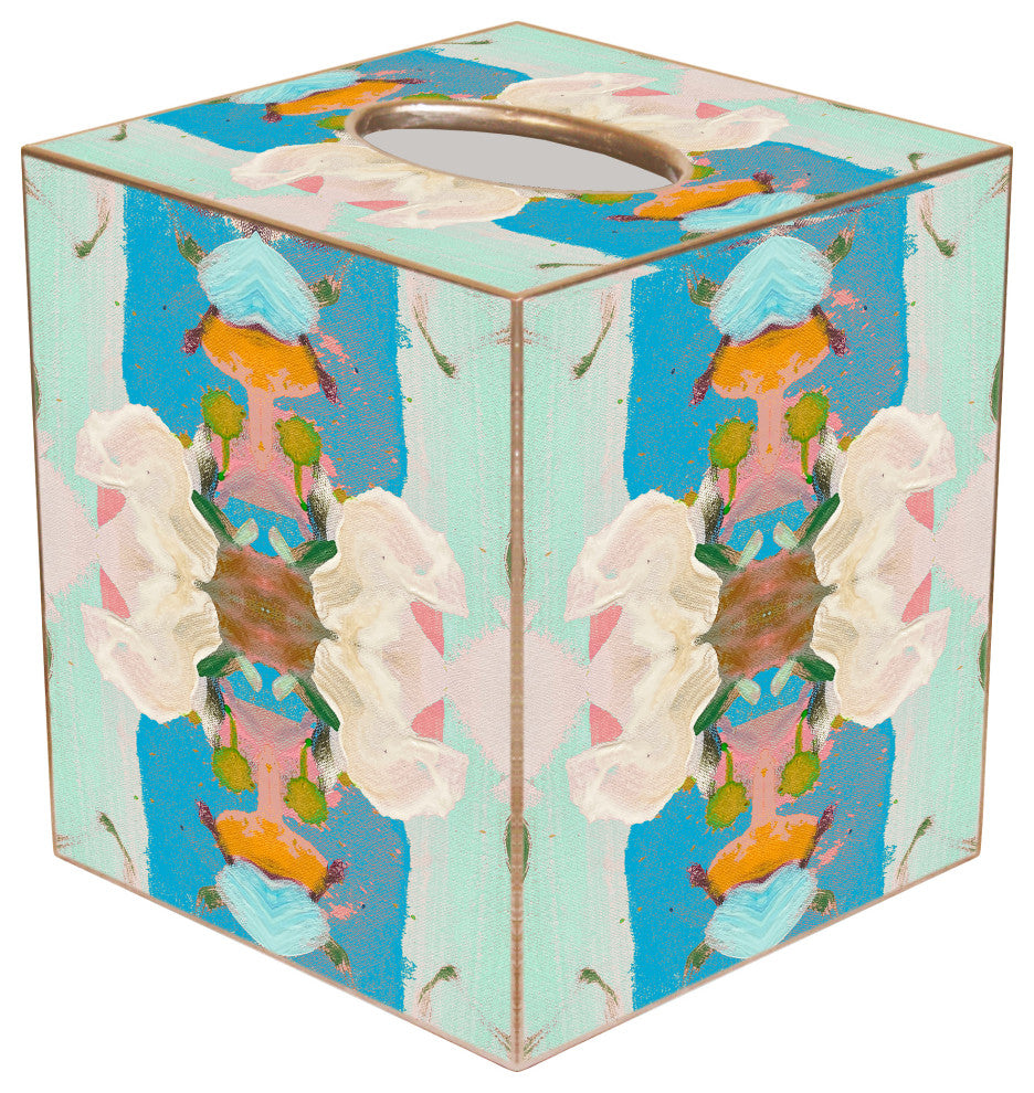 WB529LP-Laura Park Monets Garden Blue Wastepaper Basket, Scalloped Top and Wood Tissue Box Cover