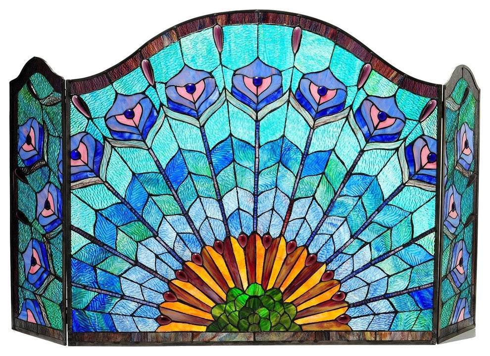 Regal Eudora Tiffany-Glass 3-Piece Folding Peacock Fireplace Screen