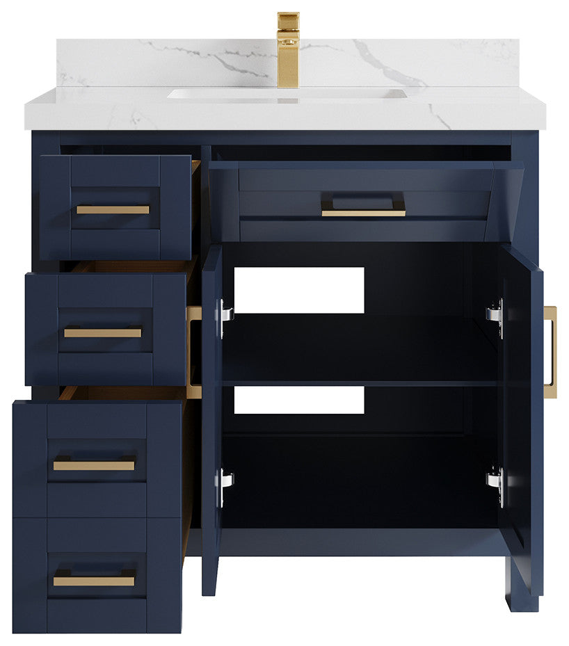 Cambridge 36 Center Sink Bath Vanity in Hale Navy Blue 2" Calacatta Laza