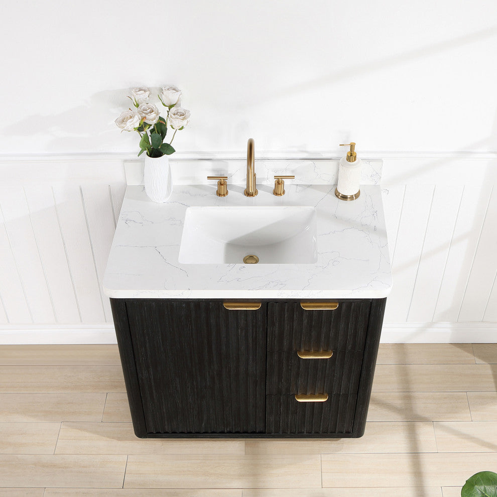 Vinnova Cadiz Bath Vanity, Composite Stone Top, Black, 36", No Mirror