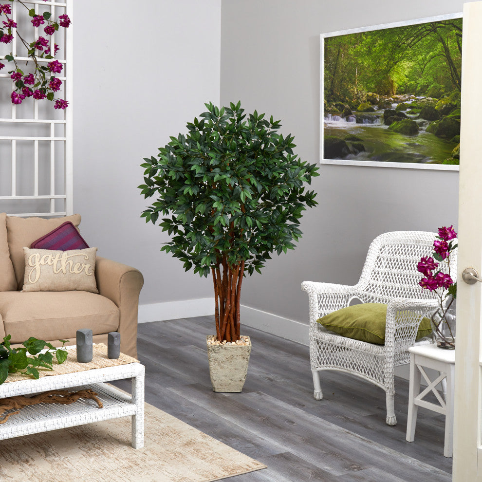 62" Lychee Artificial Tree, Country White Planter
