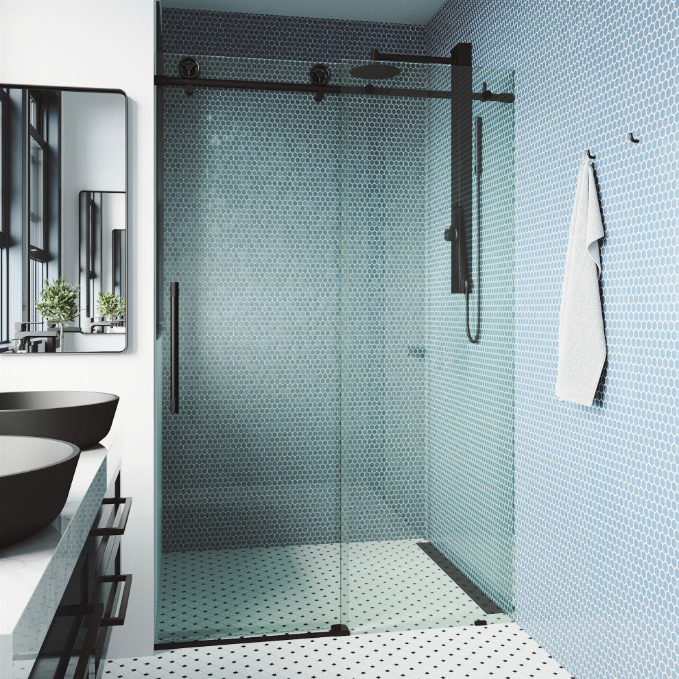 VIGO Elan Cass Aerodynamic 56" to 60" W x 76" H Frameless Sliding Shower Door, Matte Black, Clear Glass