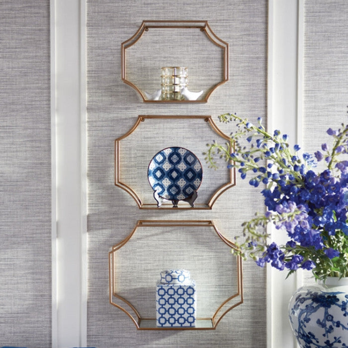 Set of 3 Gold Hexagon Mirrored Wall Shelves Open Geometric Display Contemporary