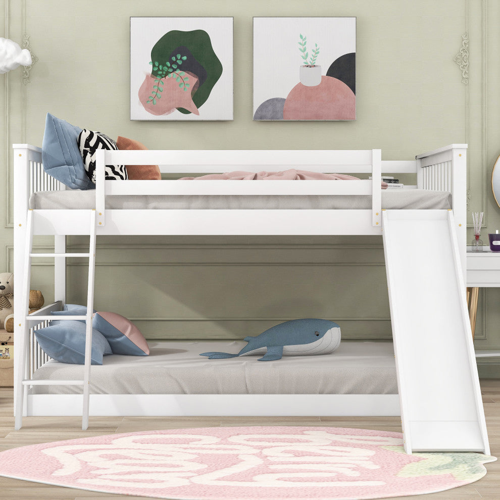 Gewnee Wood Full Over Full Bunk Bed with Slide and Ladder in White