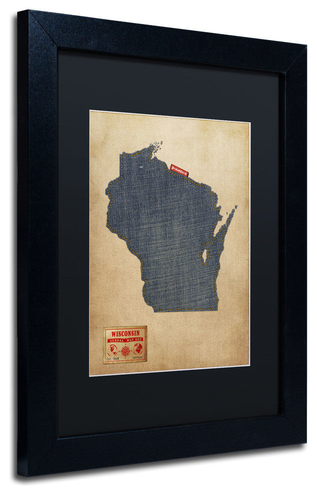 'Wisconsin Map Denim Jeans Style' Matted Framed Canvas Art by Michael Tompsett