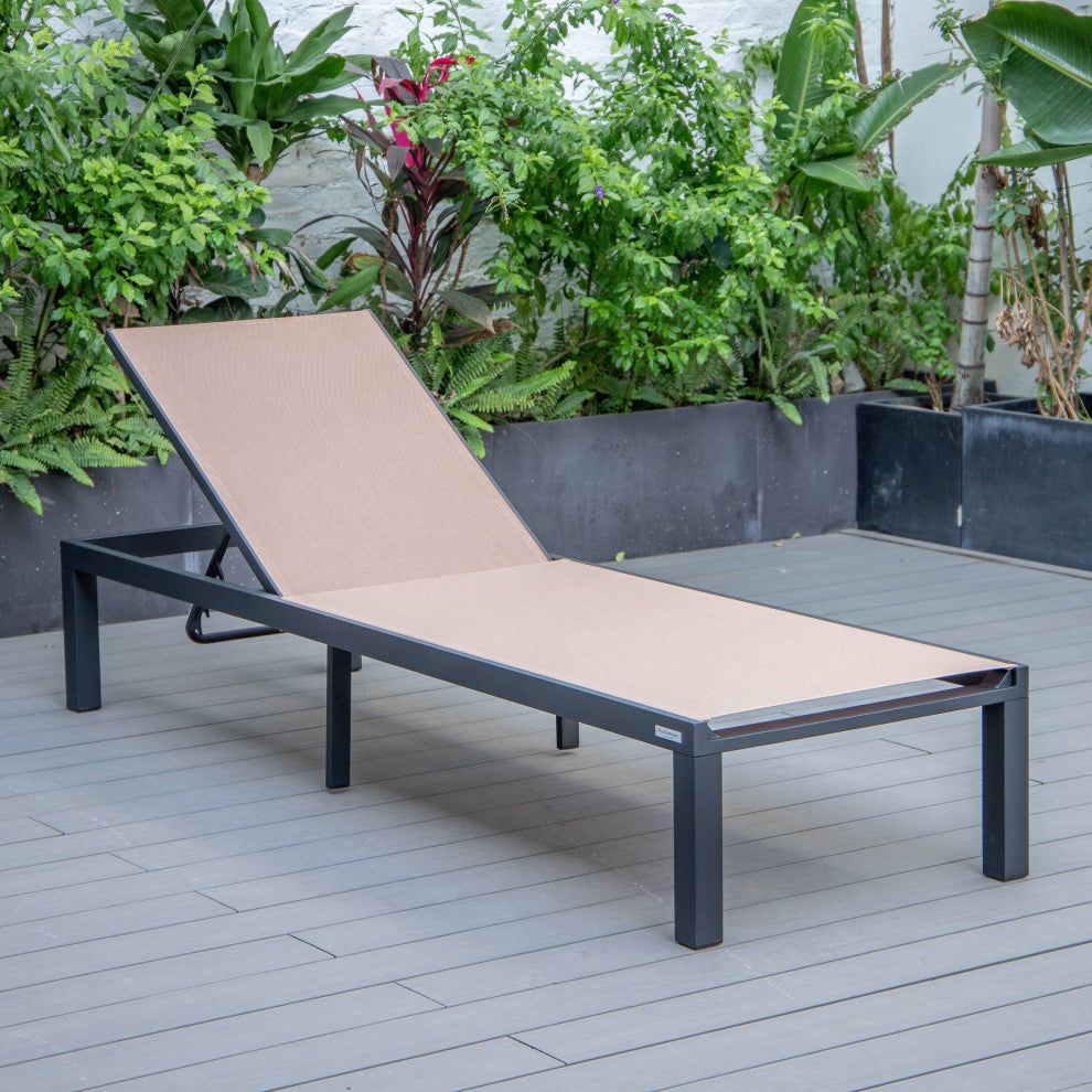LeisureMod Marlin Patio Chaise Lounge Chair With Black Frame, Light Brown