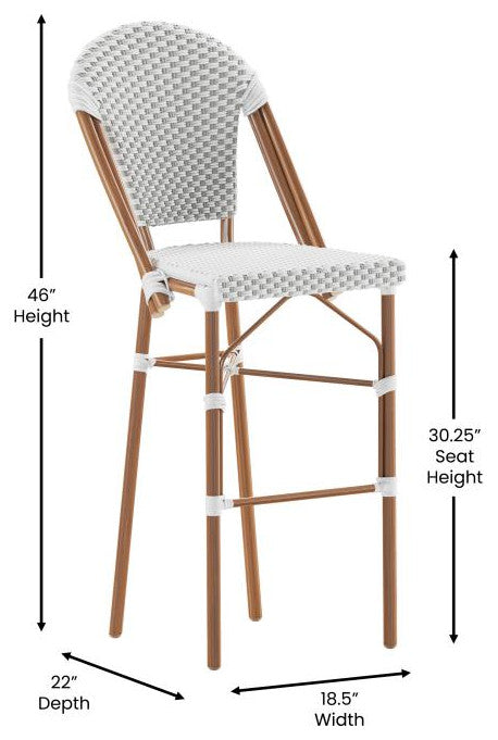 Set of 2 Stackable Indoor/Outdoor French Bistro 30" Bar Stools, White & Gray/Natural Frame