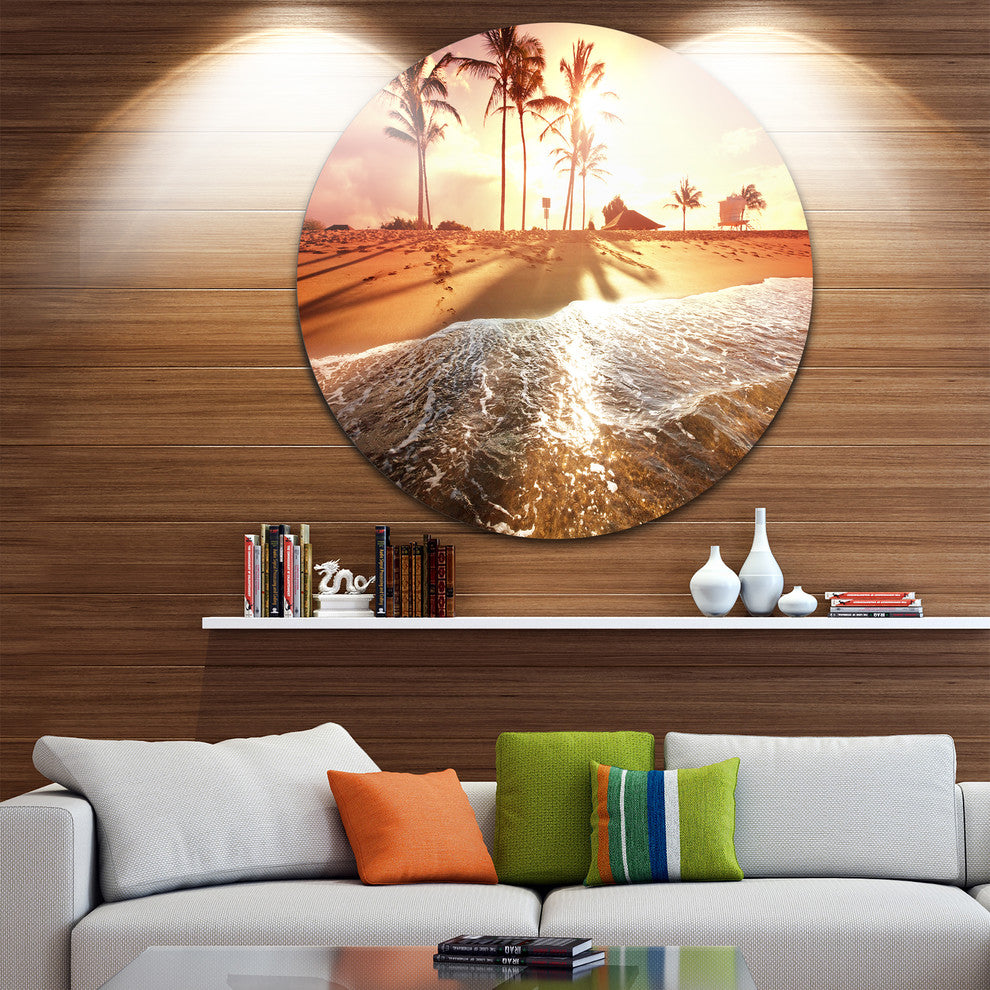 Colorful Tropical Beach With Palms, Beach Large Disc Metal Artwork, 23"