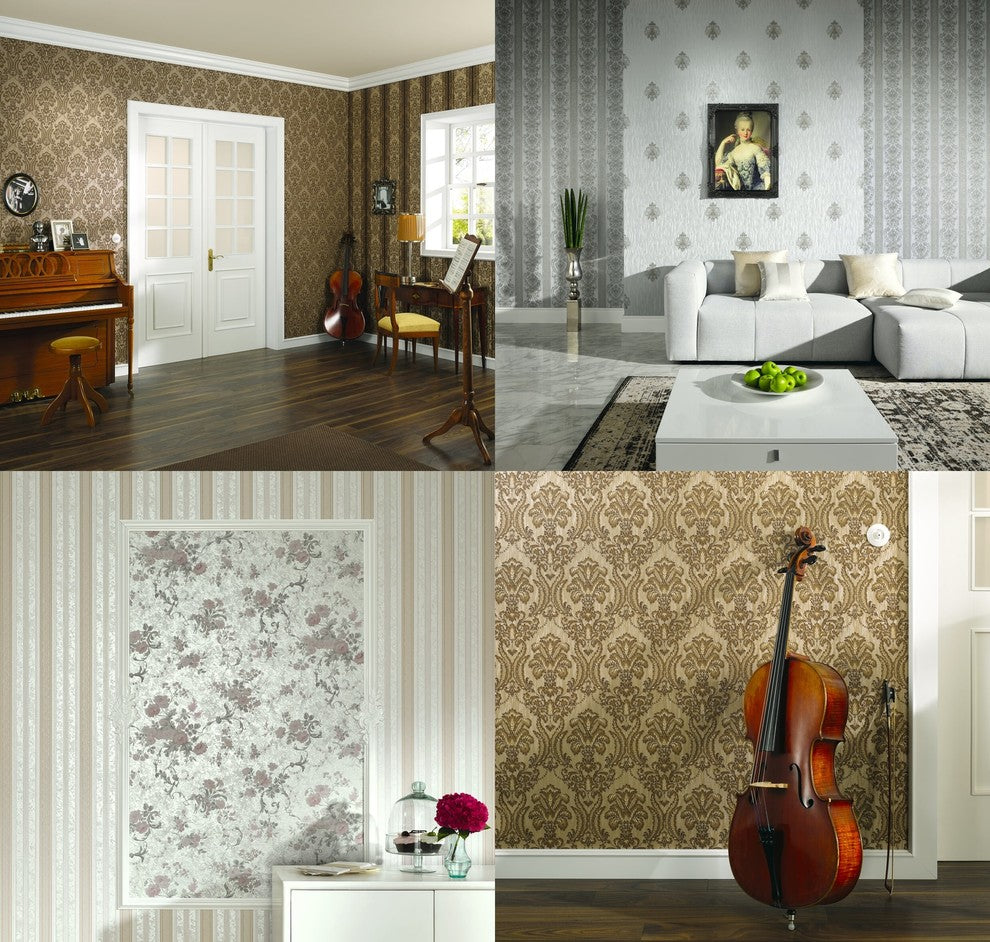 Classic Moments, Romantic Renaissance Striped Damask Beige Wallpaper Roll