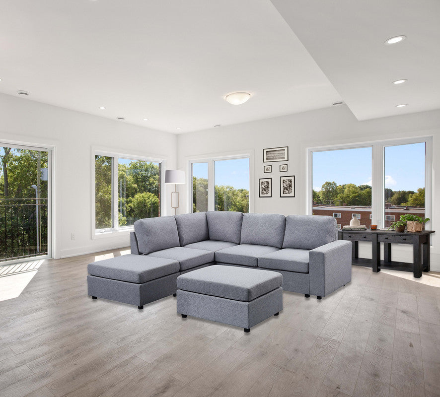 Skye Light Gray Linen 6 Seat Reversible Modular Sectional Sofa With Ottoman