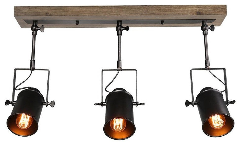 Industrial 3-Light Wood Close to Ceiling Track Lighting Spotlights, Black