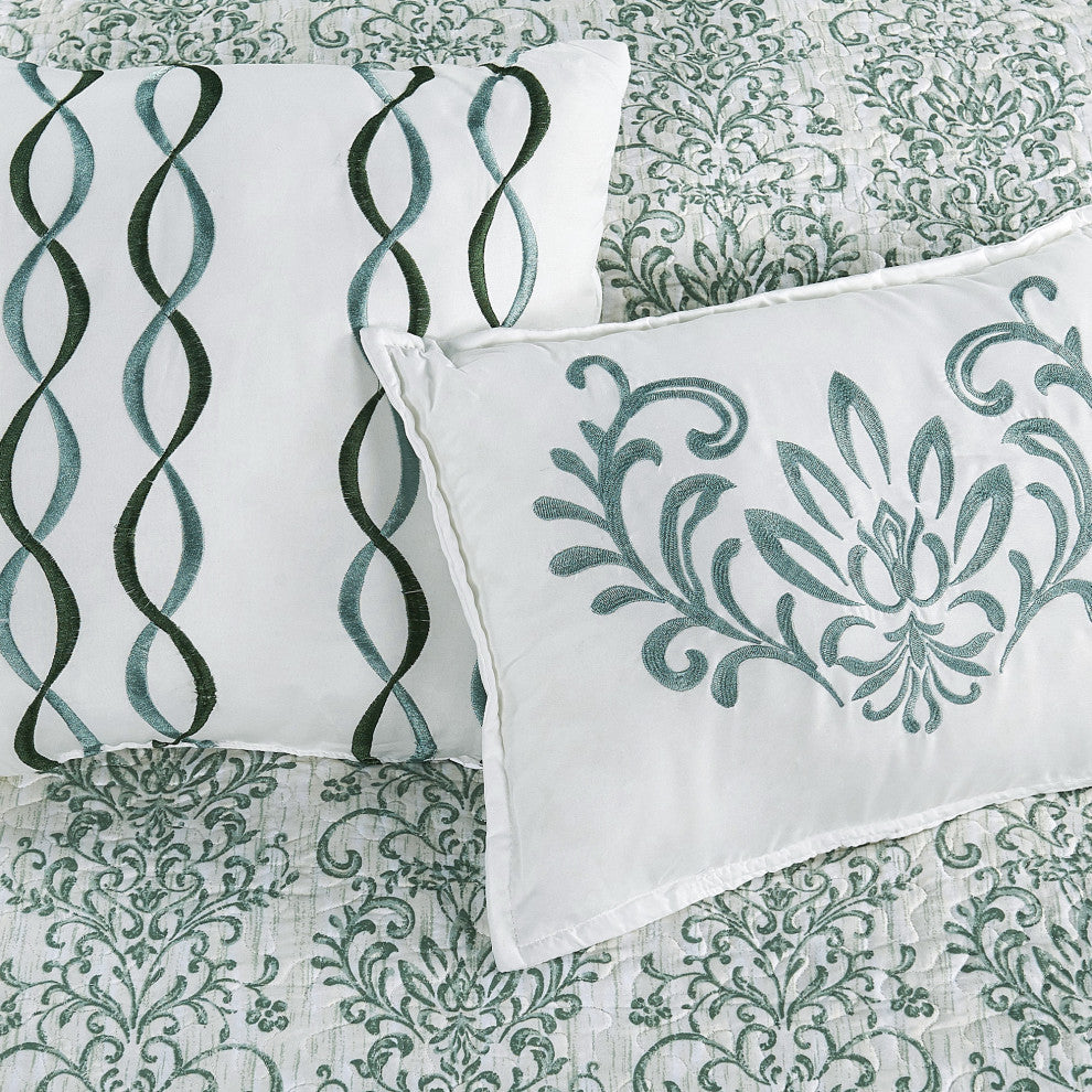Mayfair 6 Piece Quilted Printed Bed Spread, Mint Green/Lime/Mint, Queen