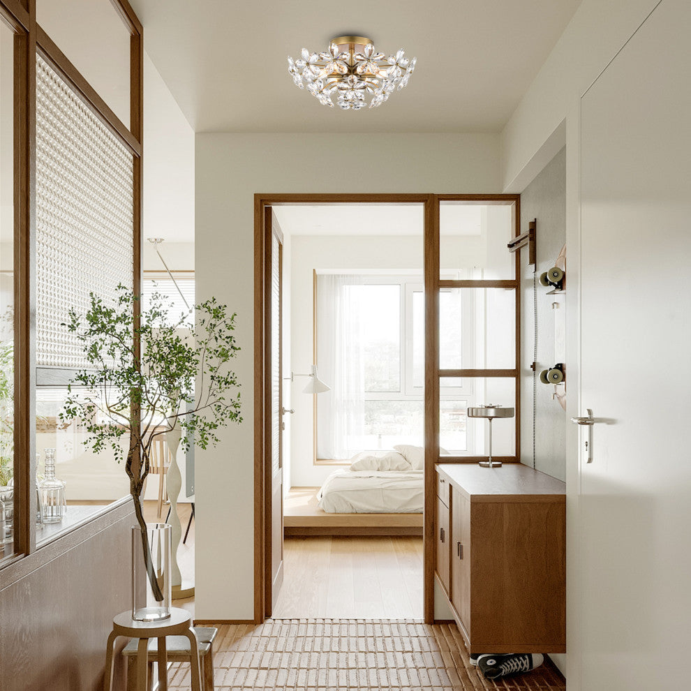 Grace 6-Light Crystal Glass Flower Flush Mount, Brushed Brass Finish