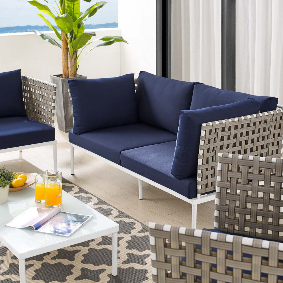 Lounge Sectional Sofa Chair Table Set, Sunbrella, Aluminum, Blue Navy, Outdoor