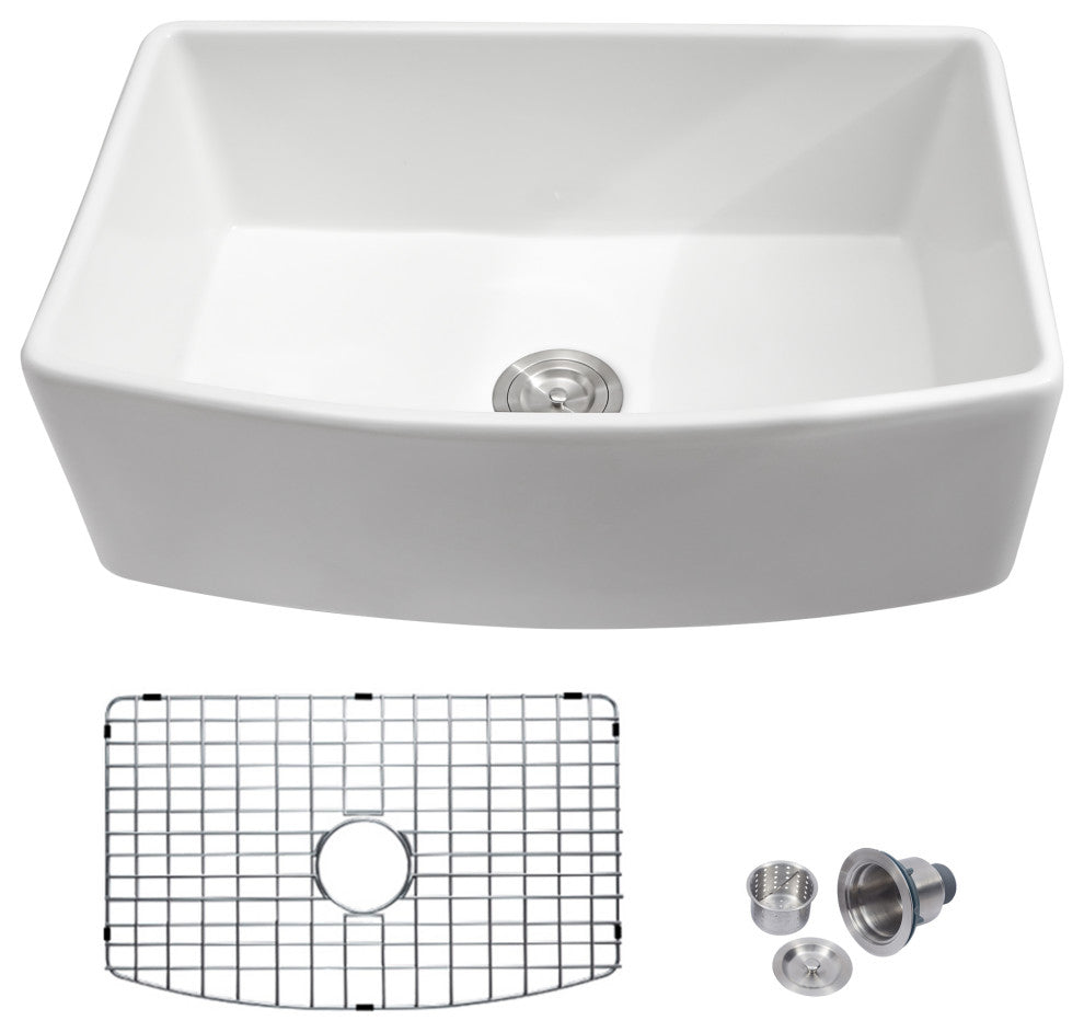 White Farmhouse Ceramic Kitchen Sink Single Bowl Apron Front Basin, 33"x19"x10"