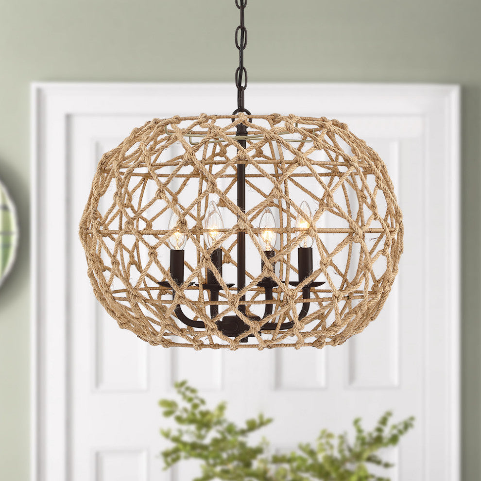 20" W 4-Light Natural Jute Rope Woven Globe Pendant Light With Brown Canopy
