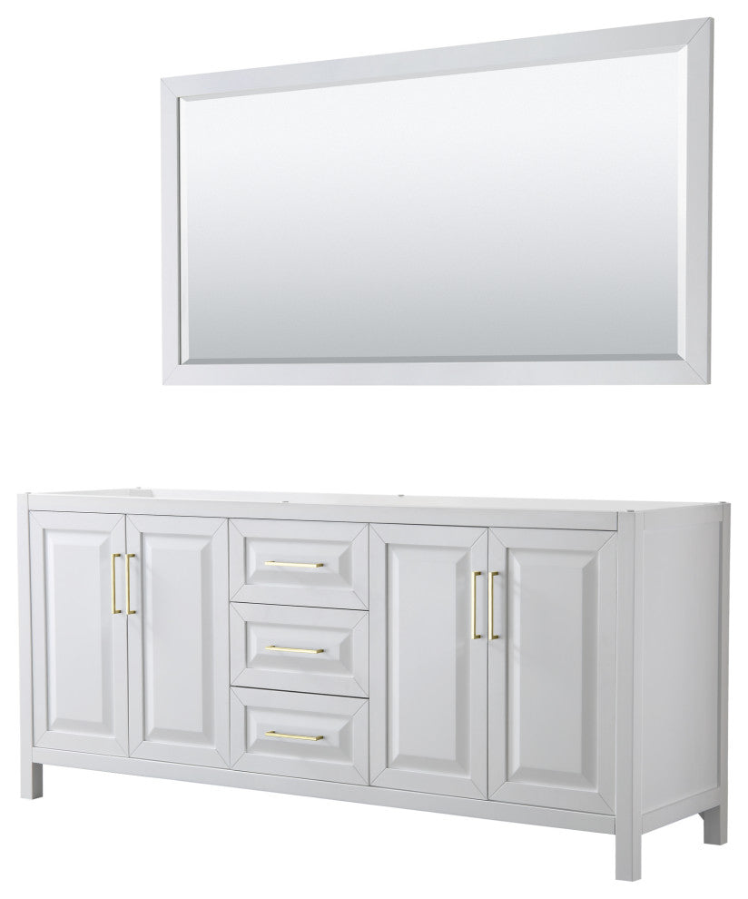 80" Double Bath Vanity, White, No Countertop, 70" Mirror, Gold Trim