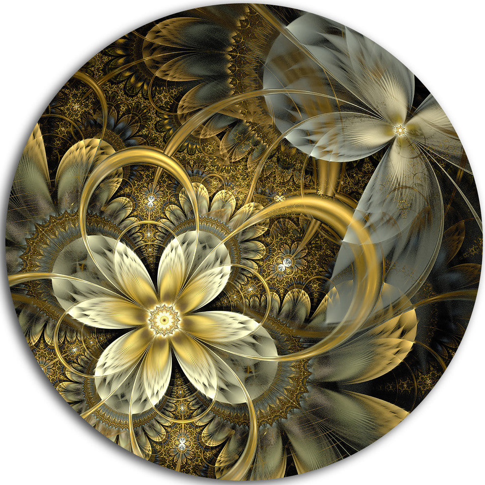 Fractal Orange Yellow Flowers, Digital Floral Round Metal Wall Art, 23"