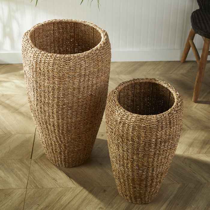 Elegant Tall Tapered Round Planters Set of 2 Woven Seagrass Baskets Minimalist