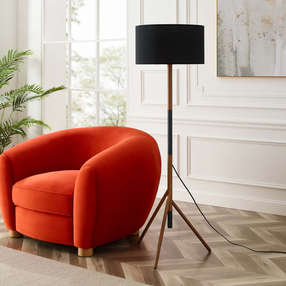 Floor Lamp Light, Black Brown Walnut, Wood, Modern Cafe Bistro Hospitality