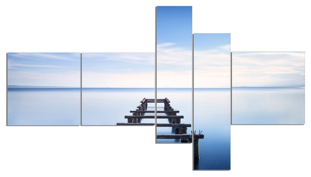 Jetty Remains in Blue Lake, Seascape Canvas Art Print, 60"x32", 5 panels