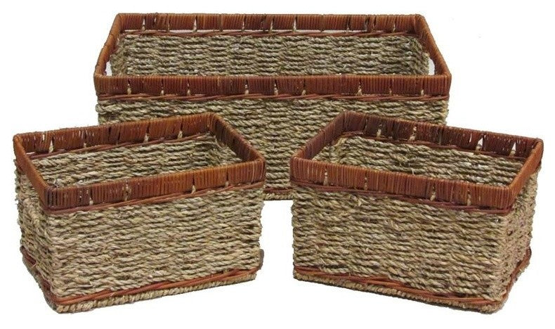 3 Pcs Two Toned Stained Natural Rope Tray W/ Inside Handles