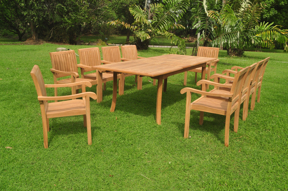 11-Piece Outdoor Teak Dining Set, 94" Rectangle Table, 10 Nain Stacking Chairs