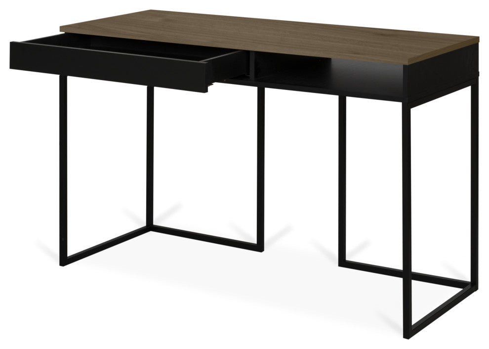 Modern Small Home Desk, Walnut, Black Legs
