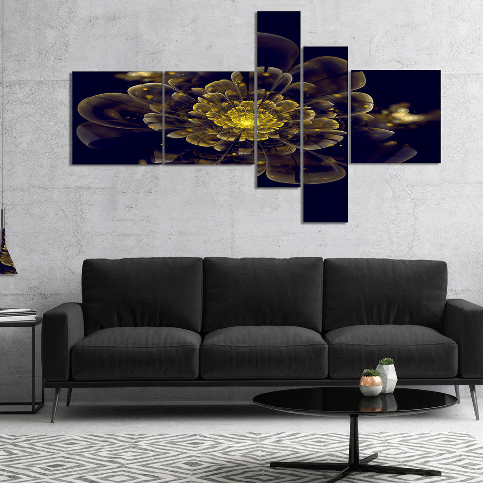 Golden Metallic Fractal Flower, Abstract Print On Canvas, 60"x32", 5 panels