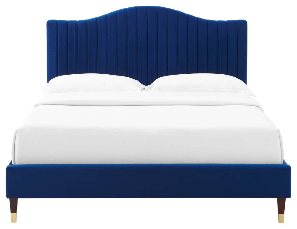 Tufted Platform Bed Frame, Full Size, Velvet, Blue Navy, Modern Contemporary