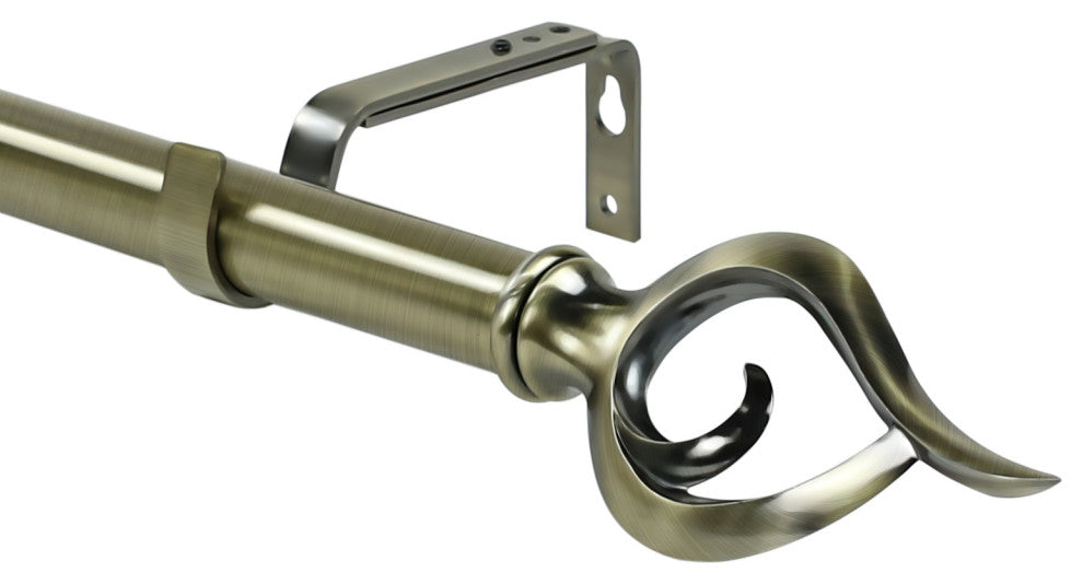 1" Flame Drapery Curtain Rod, Antique Brass, 28"-48"