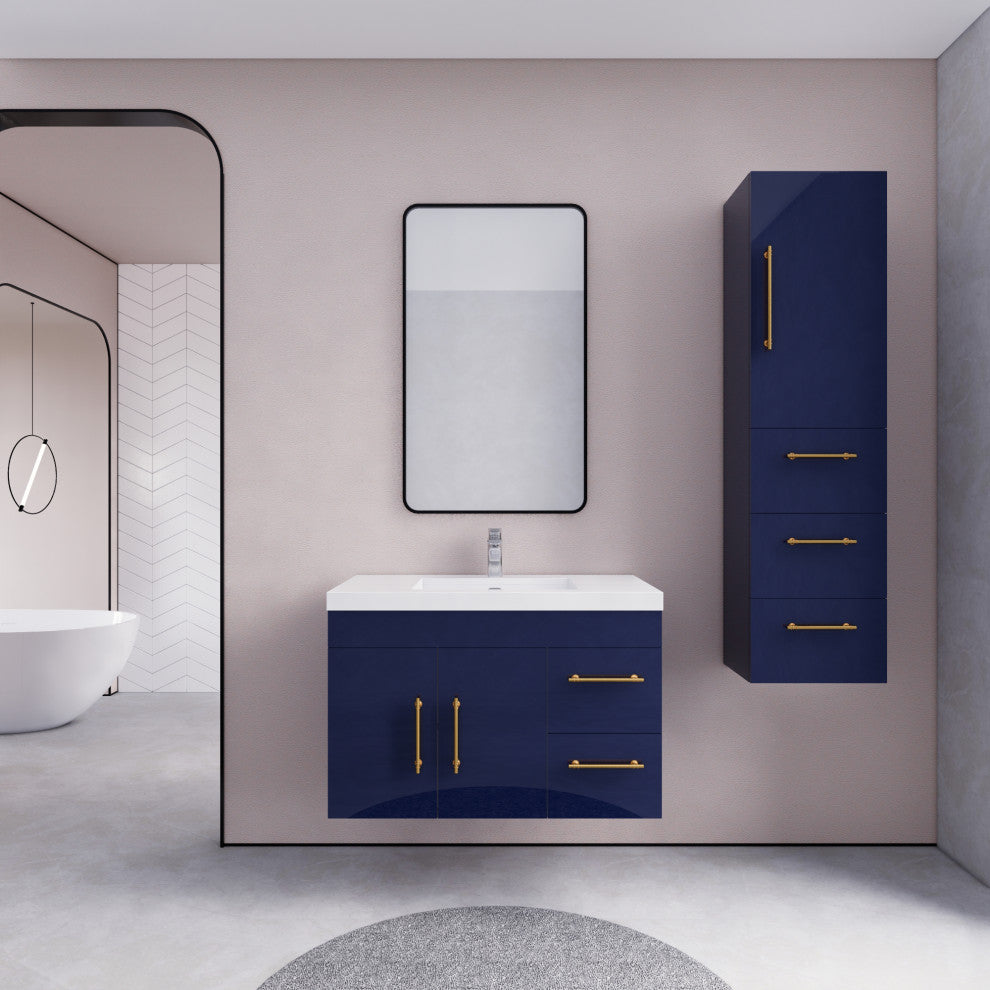 Rosa 36" Wall Mounted Modern Vanity, High Gloss Night Blue, Glossy White Top